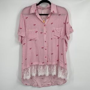Wonderland By Orange Pink and White Striped Button Down Shirt With Flowers